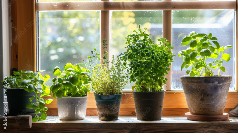 A small herb garden or potted plants on the windowsill, illustrating the idea of growing and using fresh ingredients. A small herb garden or potted plants on the windowsill, illustrating the idea of growing and using fresh ingredients.