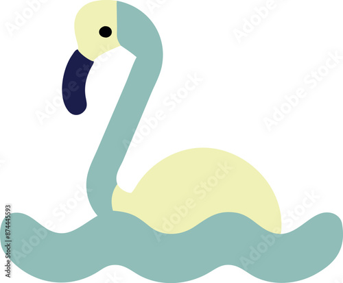 Stylized flamingo floats serenely on turquoise water, its beak pointed skyward in a moment of tranquility.