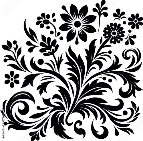 decorative Floral design Silhouette Motif Pattern, Flower design elements silhouette pattern black and white 