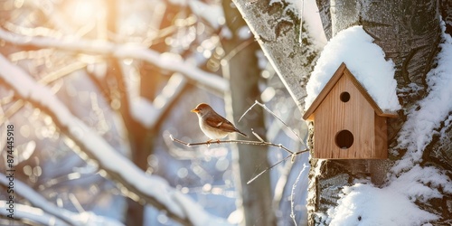 A wooden birdhouse covered in snow, attached to a tree in a winter forest, with sunlight shining through the trees.