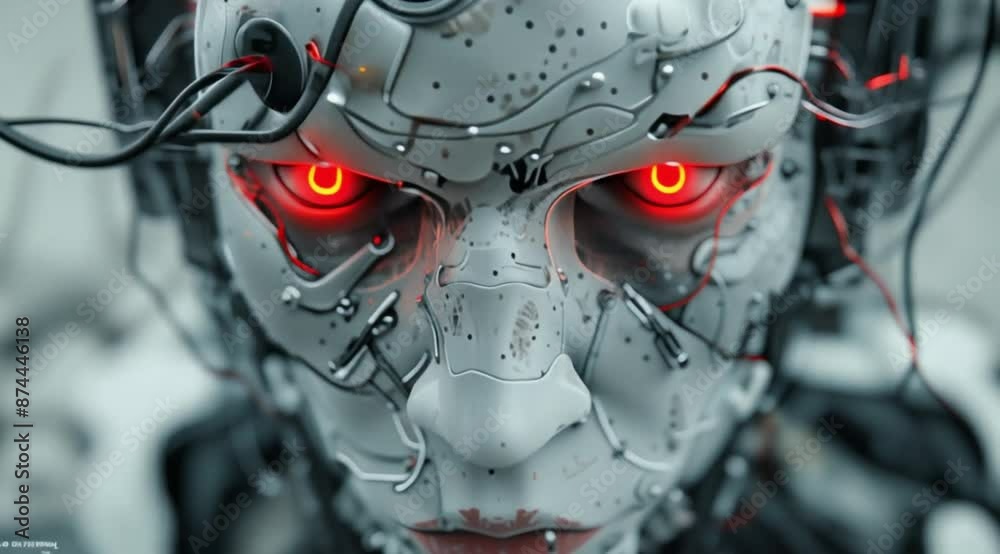 Intense Cyborg with Red Glowing Eyes and Complex Wiring in a Futuristic Setting Intense Cyborg with Red Glowing Eyes and Complex Wiring in a Futuristic Setting