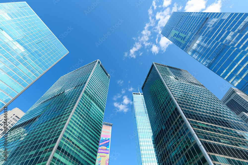A stunning skyline featuring a row of sleek skyscraper office buildings under a clear blue sky, with a single vibrant advertisement poster on one of the buildings. A stunning skyline featuring a row of sleek skyscraper office buildings under a clear blue sky, with a single vibrant advertisement poster on one of the buildings.