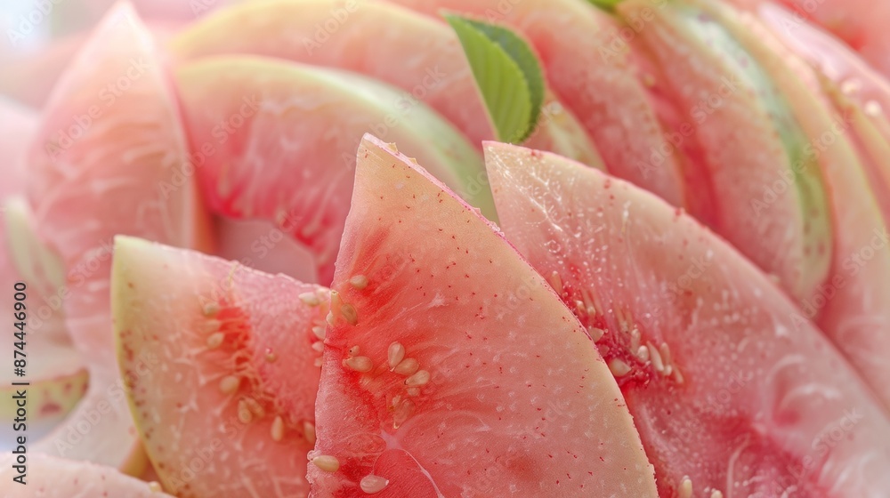 Vibrant Close-Up of Freshly Sliced Guava Pieces Displayed on a Plate, Highlighting Pink Flesh and Seeds Vibrant Close-Up of Freshly Sliced Guava Pieces Displayed on a Plate, Highlighting Pink Flesh and Seeds
