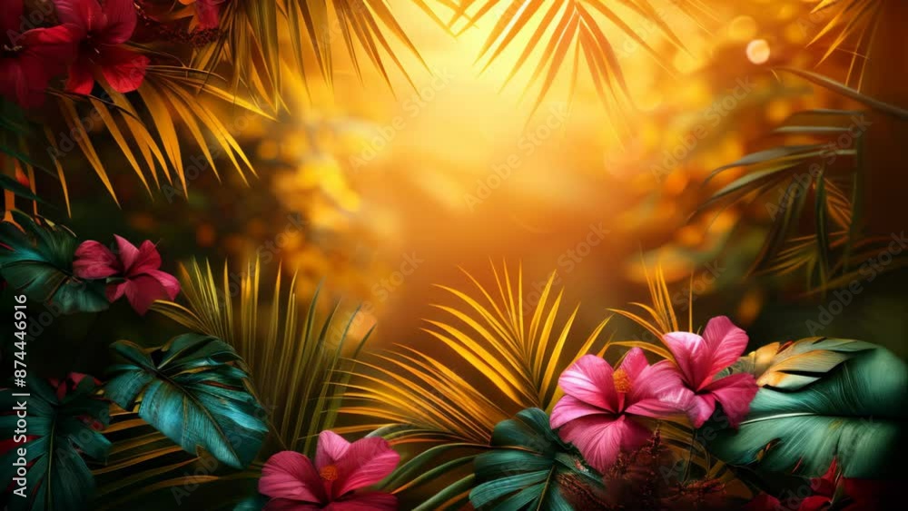 Colorful summer tropical palm leaves with copyspace, trendy summer jungle style floral colorful pattern background, colors botanical tropical leaves, sun light and shadows Colorful summer tropical palm leaves with copyspace, trendy summer jungle style floral colorful pattern background, colors botanical tropical leaves, sun light and shadows