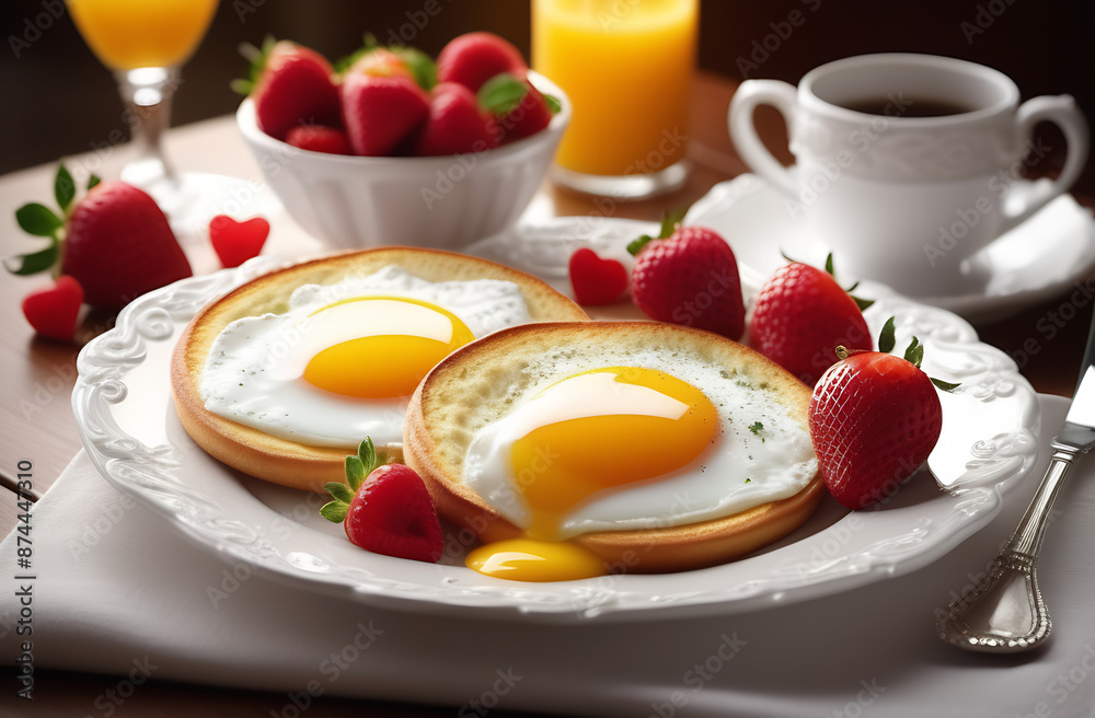 delicious breakfast for two at the luxury hotel with egg toast strawberries and drinks tea and juice delicious breakfast for two at the luxury hotel with egg toast strawberries and drinks tea and juice