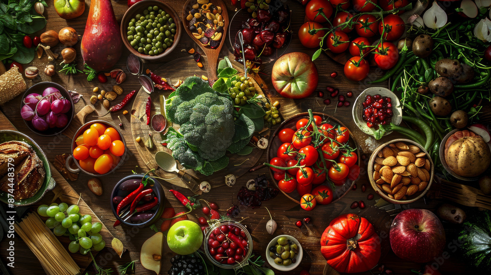 Fototapeta premium Create an image that captures the essence of healthy eating, emphasizing the variety, freshness, and balance of nutritious foods. 