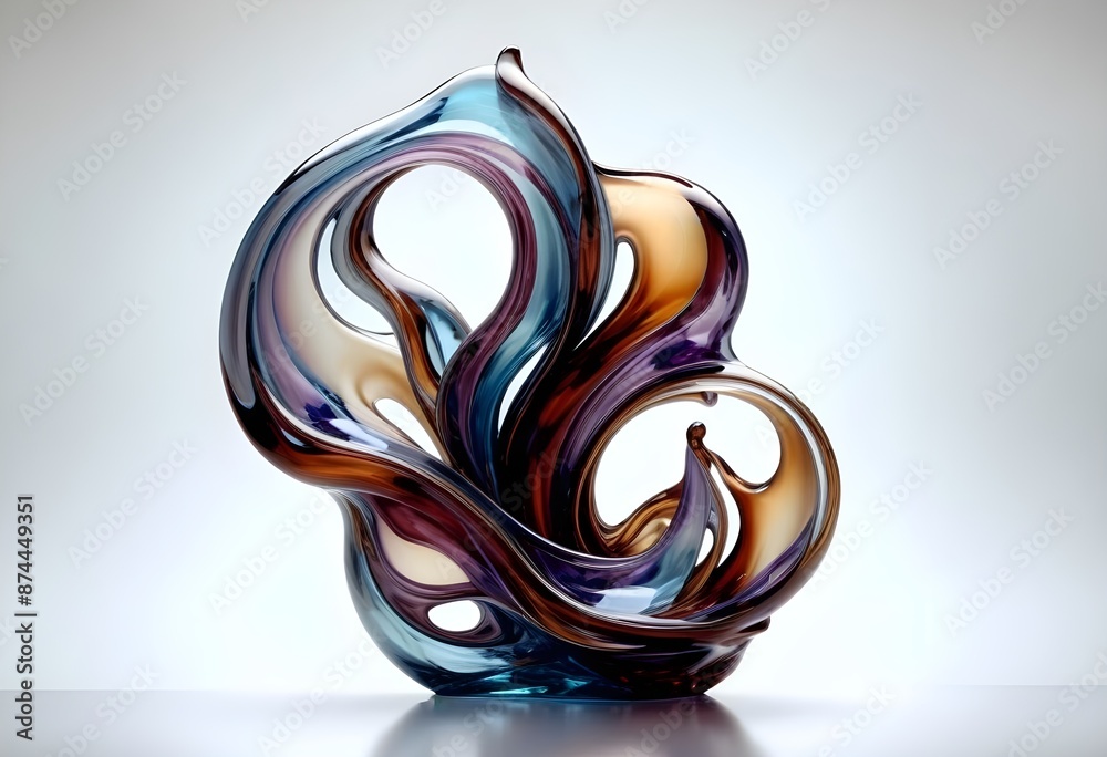Abstract glass sculpture with flowing, organic shapes in shades of blue, violet, brown, brownish yellow, amber, pink, transparent, white Abstract glass sculpture with flowing, organic shapes in shades of blue, violet, brown, brownish yellow, amber, pink, transparent, white