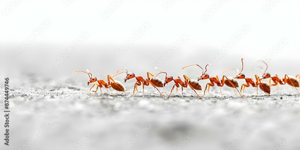 Fototapeta premium Ants in a line moving together foraging or escaping potential threats. Concept Ants, Line, Foraging, Threat, Nature
