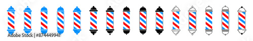 Barber pole colored and linear icon set. Barber pole colored and linear symbol set. Flat icon style.