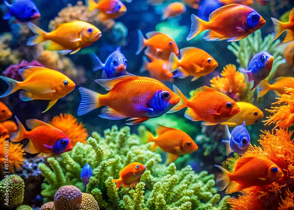 Vibrant orange and blue exotic fish swim together in harmony within a colorful coral reef aquarium filled with lush green seaweed and sparkling water bubbles. Vibrant orange and blue exotic fish swim together in harmony within a colorful coral reef aquarium filled with lush green seaweed and sparkling water bubbles.
