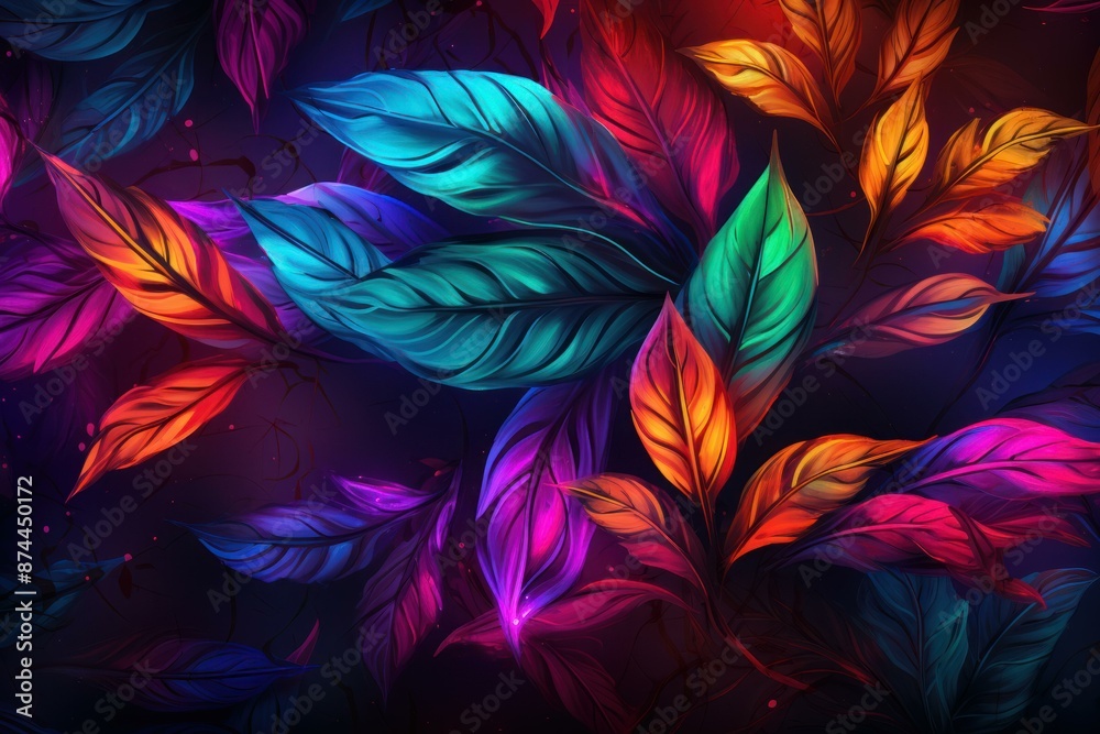 Digital art of colorful neon foliage with a mystical, dark backdrop Digital art of colorful neon foliage with a mystical, dark backdrop