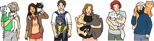 People love their cats isolated on white background. Happy domestic animal owners hug cats vector flat illustration