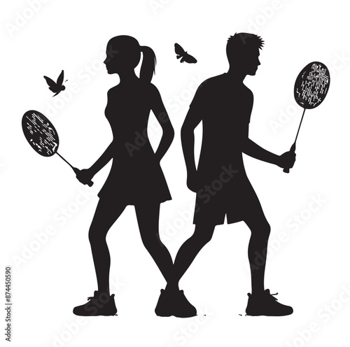 Badminton male female player Silhouette. playing badminton on a white background. Badminton player vector illustration.