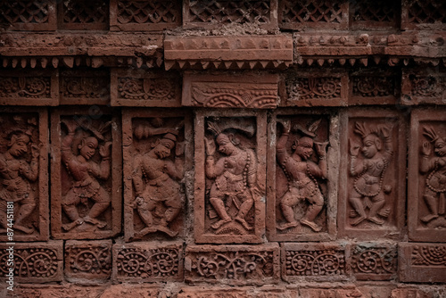 Beautiful details and bas reliefs of ancient Hindu Pancharatna Temple (Temple of the Five Jewels) in Puthia Bangladesh photo