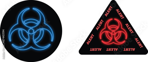 Biohazard blue neon symbol.Health hazard red warning alert sticker