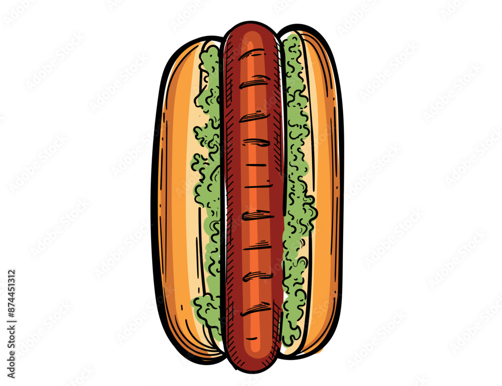 Hand drawn colored hot dog sketch with sausage and sauce vector illustration isolated on white background Hand drawn colored hot dog sketch with sausage and sauce vector illustration isolated on white background