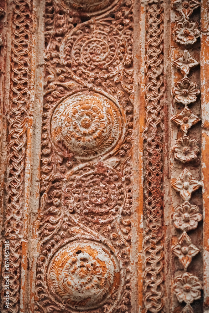 Obraz premium Beautiful details and bas reliefs of ancient Hindu Pancharatna Temple (Temple of the Five Jewels) in Puthia Bangladesh