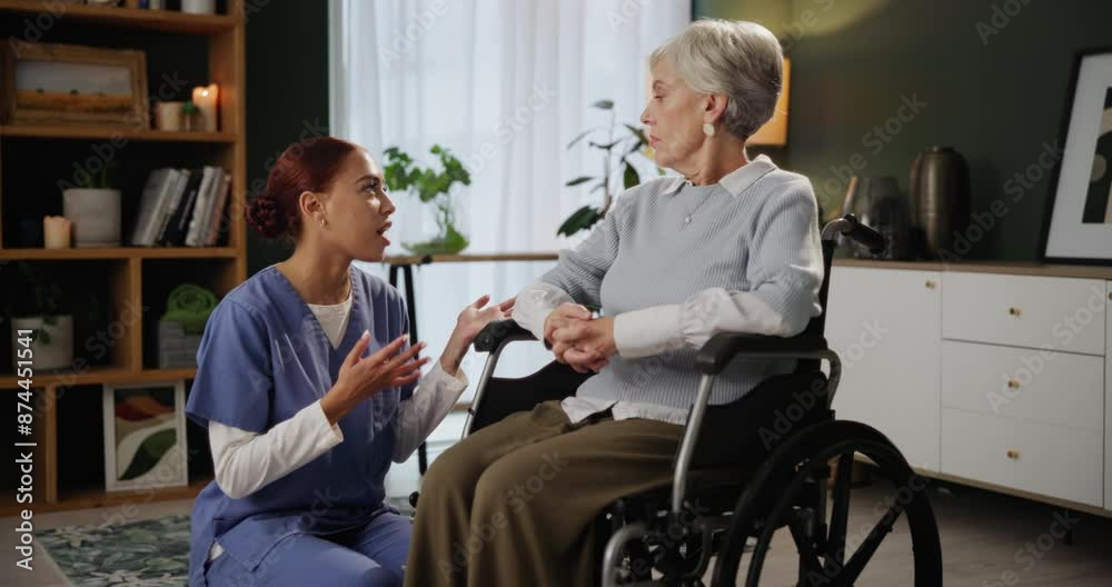 Nurse, senior woman and wheelchair for advice, elderly care and wellness for health or support. Pensioner, person with a disability and assistance by medic for appointment in rehabilitation clinic Nurse, senior woman and wheelchair for advice, elderly care and wellness for health or support. Pensioner, person with a disability and assistance by medic for appointment in rehabilitation clinic