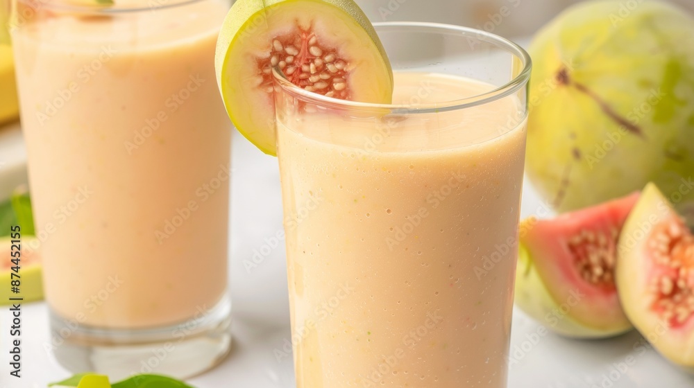 Fresh Banana and Guava Smoothie Served in a Tall Glass for a Healthy Breakfast, Featuring a Slice of Guava