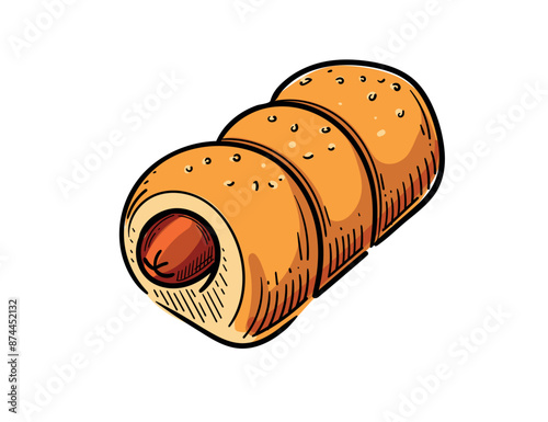 Sausage in dough roll bun colored hand drawn sketch vector illustration isolated on white background