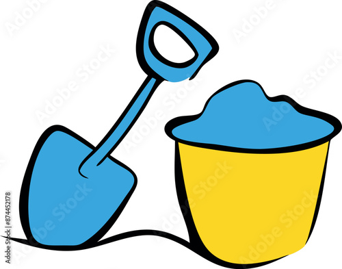 Blue shovel and yellow bucket, filled with blue sand, are ready for a day at the beach.