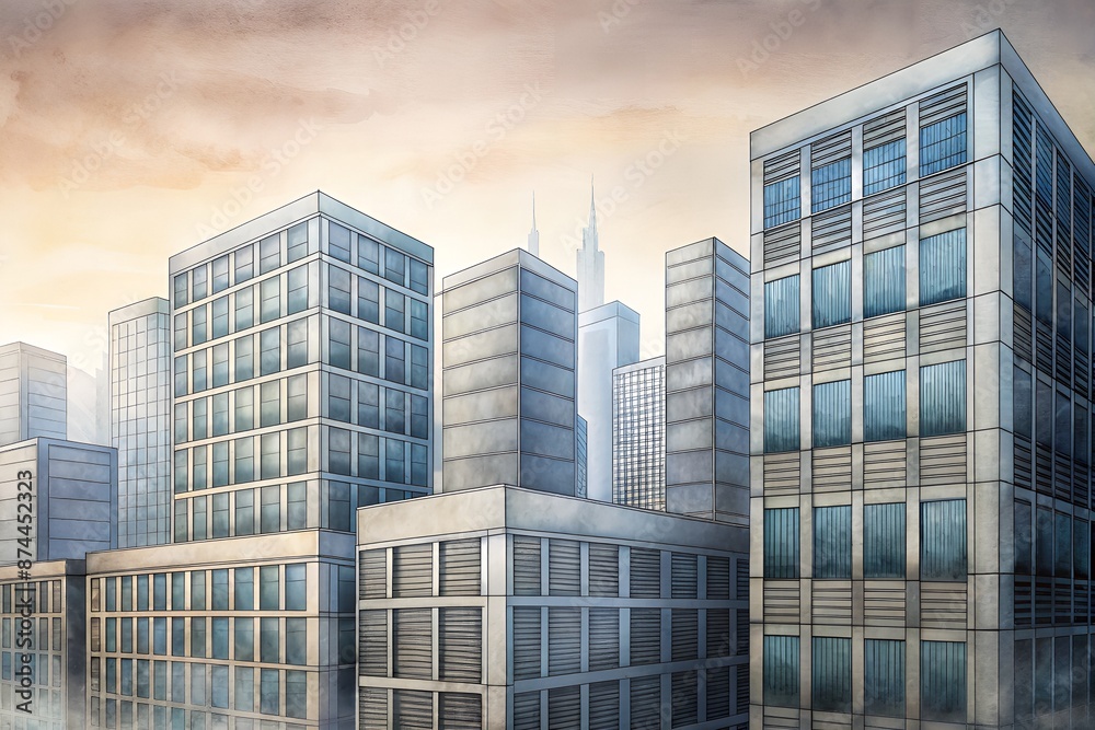 Urban skyscraper with rows of industrial air conditioning units protruding from windows, against a muted cityscape backdrop with subtle gradient tones. Urban skyscraper with rows of industrial air conditioning units protruding from windows, against a muted cityscape backdrop with subtle gradient tones.
