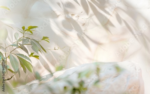 Tranquil Garden Scene Soft Pastel White Stone and Delicate Light Through Leaves, Emphasizing Minimalist Nature-Inspired Calm photo