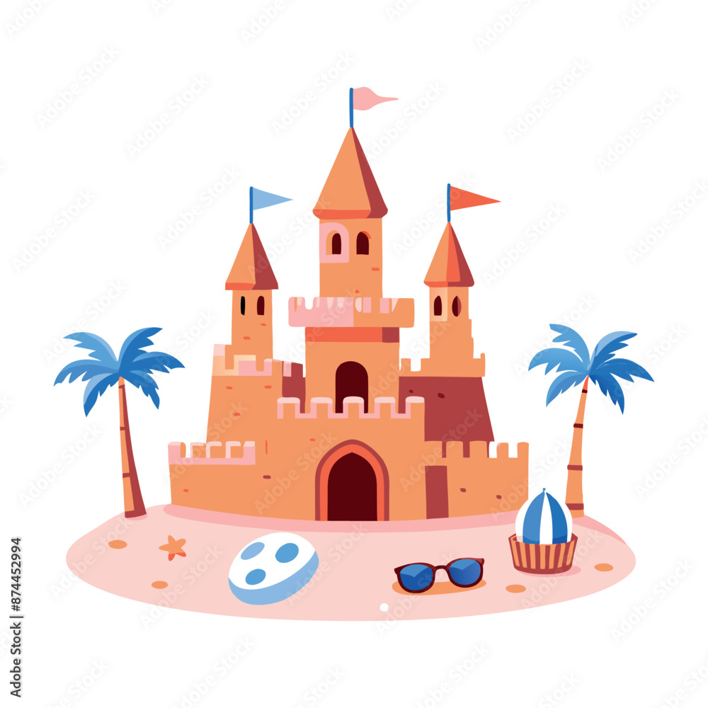 Illustration of a sandcastle with palm trees in a flat style. Illustration of a sandcastle with palm trees in a flat style.
