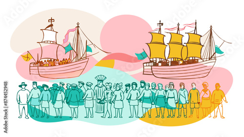 Vibrant Illustration of Colonial Era Exploration with Ships and Explorers