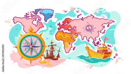 Colorful World Map Adventure with Compass and Nautical Elements