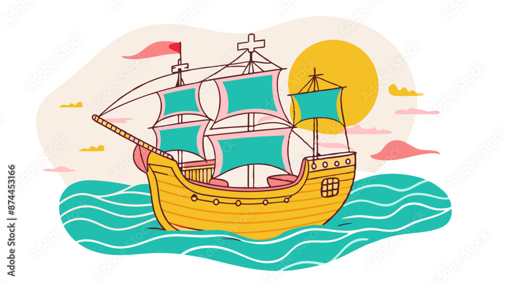 Fototapeta premium Colorful Illustrated Vintage Sailing Ship at Sea During Sunset