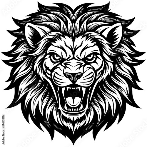 A detailed, black The lion's fierce expression and intricate mane bring attention to its commanding presence.