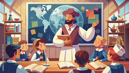 Vintage Classroom Scene with Animated Teacher and Eager Young Students