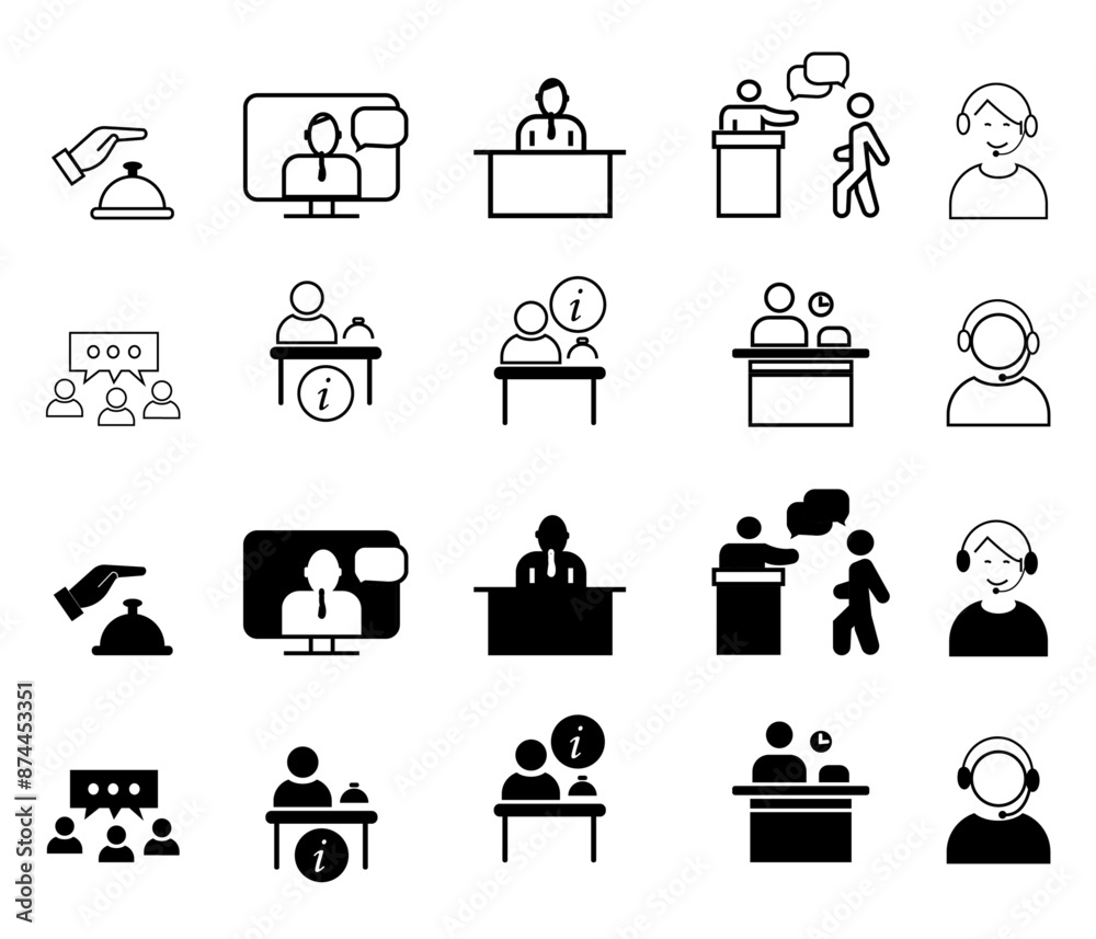 Reception desk icon set. Collection of Containing receptionist, hotel bell, customer service, counter, registration, client, cashier symbols. Reception desk icon set. Collection of Containing receptionist, hotel bell, customer service, counter, registration, client, cashier symbols.