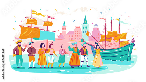 Vibrant Medieval Festival at a Historical Sea Port with Colorful Characters