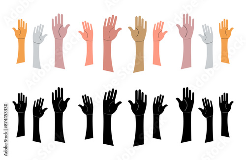 Raised hands vector set. Teamwork, voting, collaboration, volunteering concert. Vector illustration