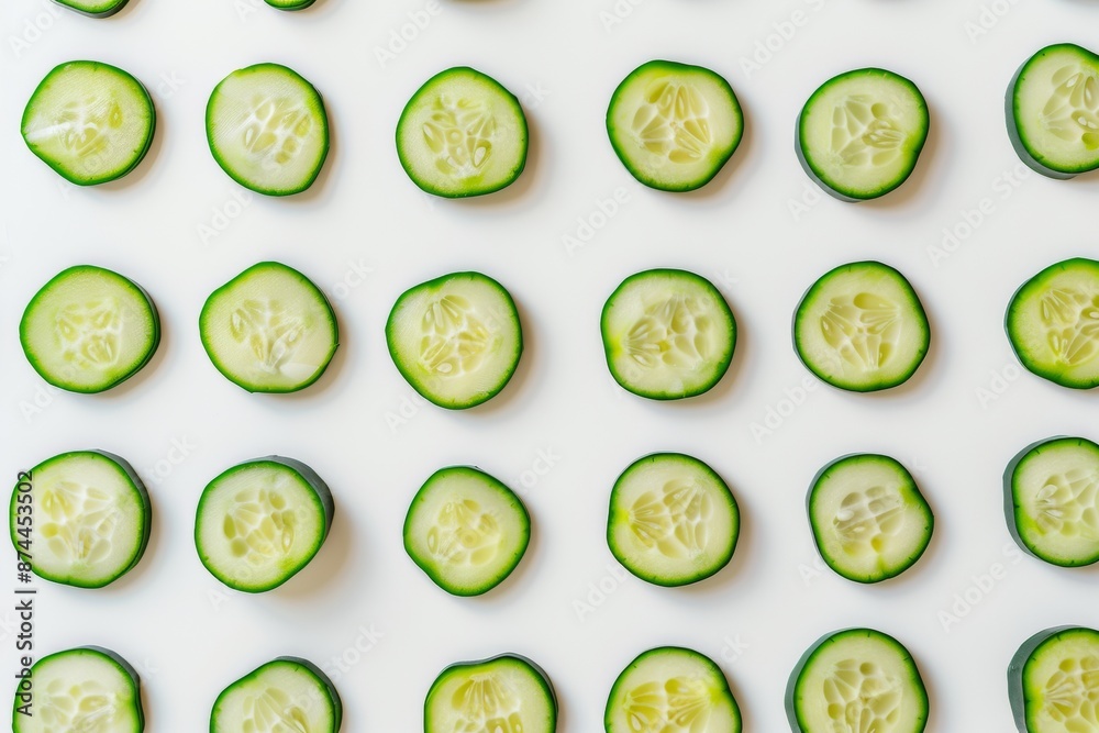Harmonious Pattern of Fresh Green Cucumber Slices on a Bright White Background A Simplistic and Clean Display Evoking Freshness Harmonious Pattern of Fresh Green Cucumber Slices on a Bright White Background A Simplistic and Clean Display Evoking Freshness