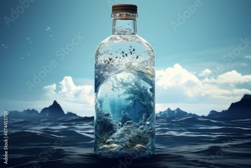 Digital art of a miniaturized marine ecosystem enclosed in a glass bottle floating over ocean waves photo