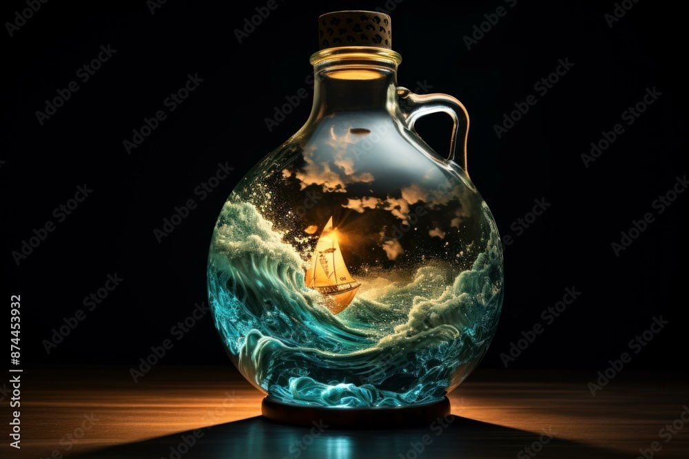 Concept image of a ship sailing in a turbulent ocean encapsulated within a transparent bottle Concept image of a ship sailing in a turbulent ocean encapsulated within a transparent bottle
