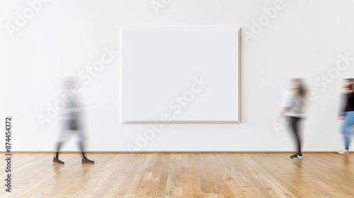 Tranquil Indoor Scene with Modern Minimalist White Concrete Wall, Empty Frame, and Blurred Motion of Passersby in Bright Natural Light photo