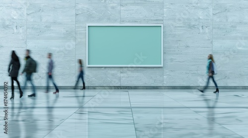 Modern Minimalist Interior with Smooth White Concrete Wall and Marble Floor Featuring Motion-Blurred People Passing by in Bright Natural Light