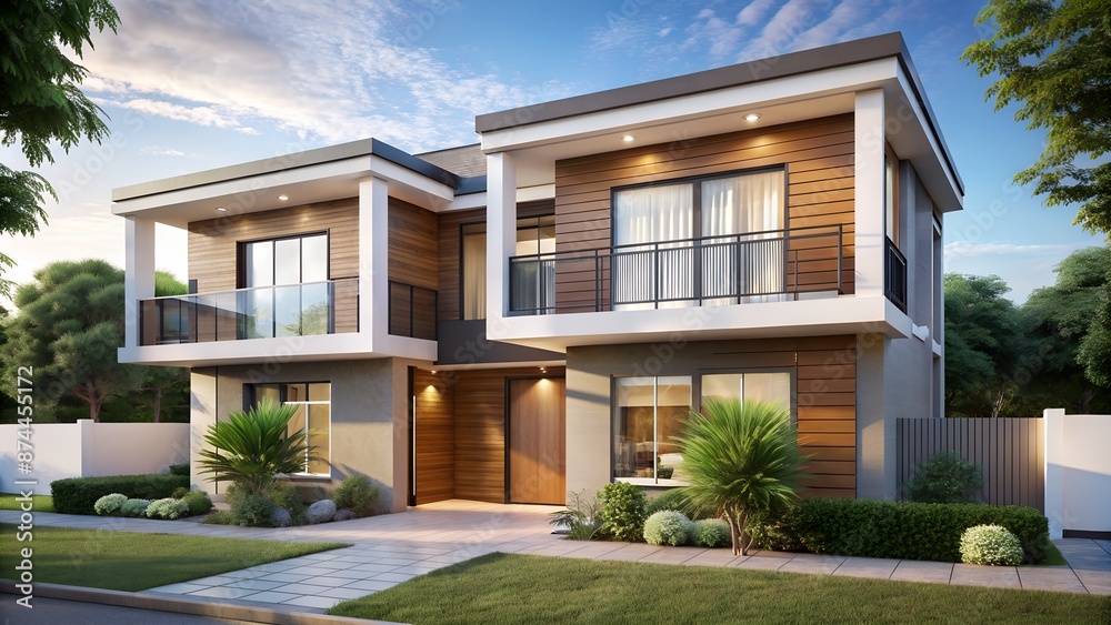 Fototapeta premium Modern Two-Story House with Wooden Elements and Glass Balconies