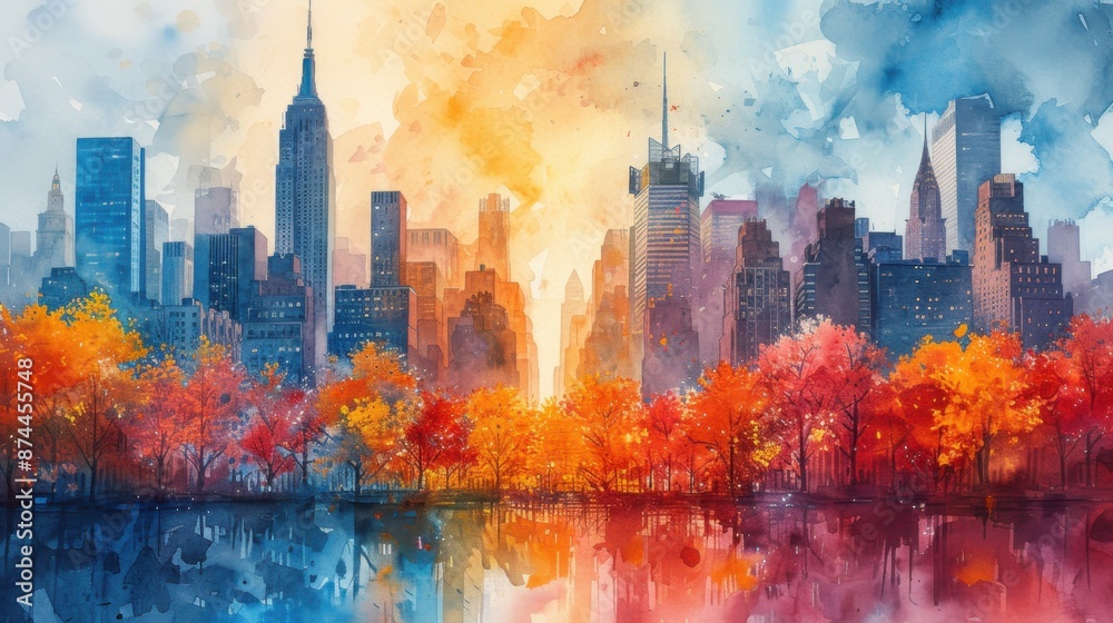 Obraz premium City scene showing the contrast between modern skyscrapers watercolor style