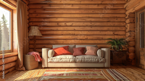 Log cabin style living room with large blank wall for mockup and text area