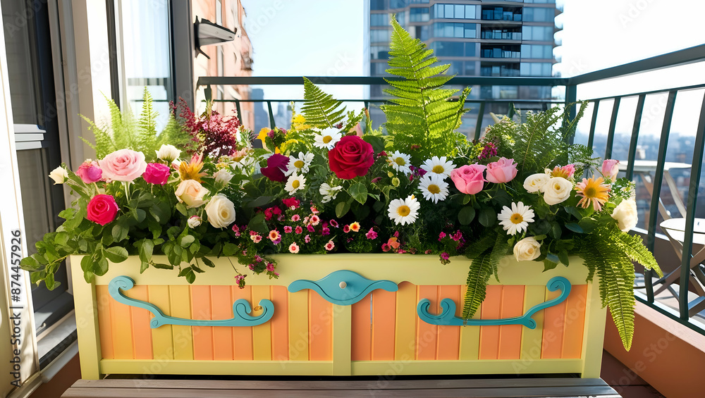 a charming wooden planter box with a whimsical design and a bright finish, placed on a sunny balcony. a charming wooden planter box with a whimsical design and a bright finish, placed on a sunny balcony.