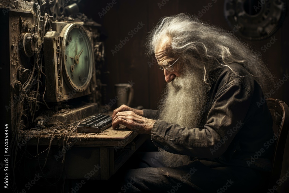 Senior with long white hair focused on using an antique typewriter in a moody, rustic setting Senior with long white hair focused on using an antique typewriter in a moody, rustic setting