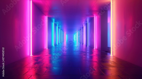 Futuristic Neon Glow - Abstract 3D Rendering with Vibrant Colors and Ambient Light on Centered Negative Space Background © Chiradet