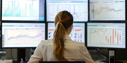 Female statistician analyzing data on multiple computer screens in a professional setting. Concept Data Analysis, Statistician at Work, Professional Setting, Computer Screens, Female Scientist