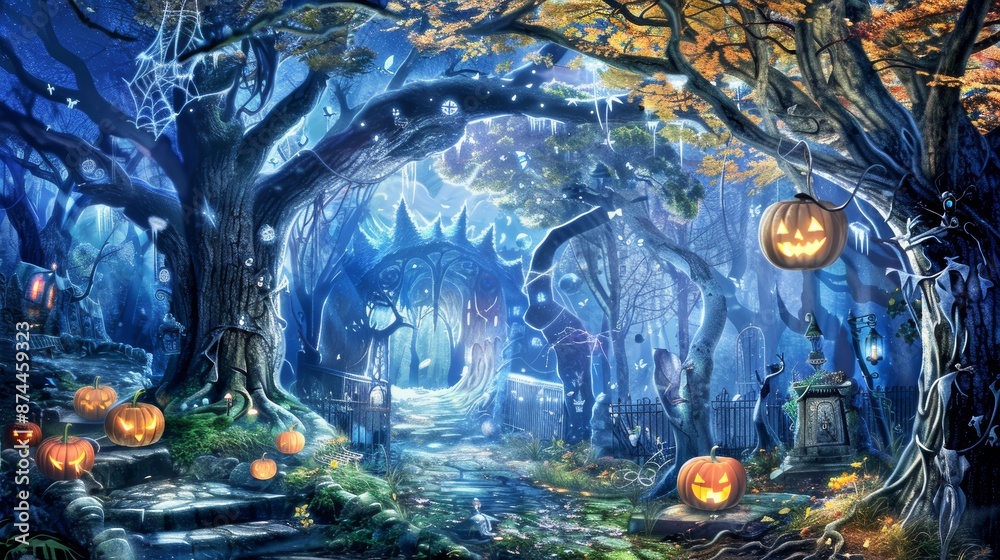 Obraz premium Enchanted Halloween forest with pumpkins and glowing lights at night.