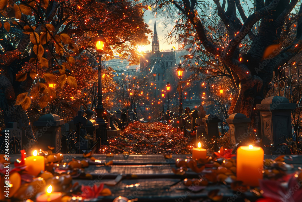 Rustic table in a spooky graveyard with lanterns and autumn leaves, illuminated at night. Rustic table in a spooky graveyard with lanterns and autumn leaves, illuminated at night.